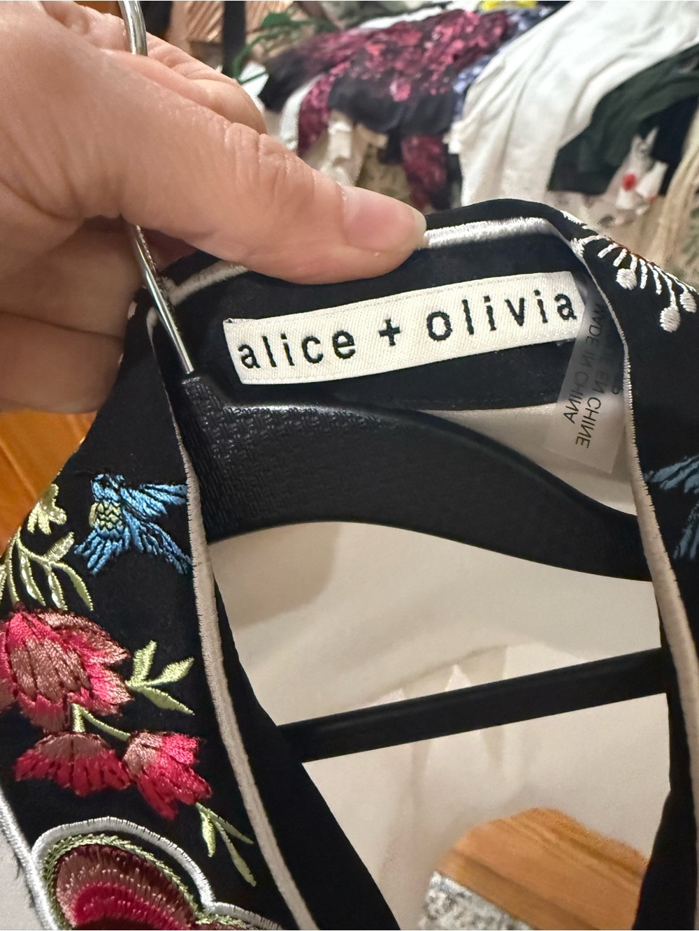 Alice + Olivia Black Button-Down Shirt with Floral Embroidery